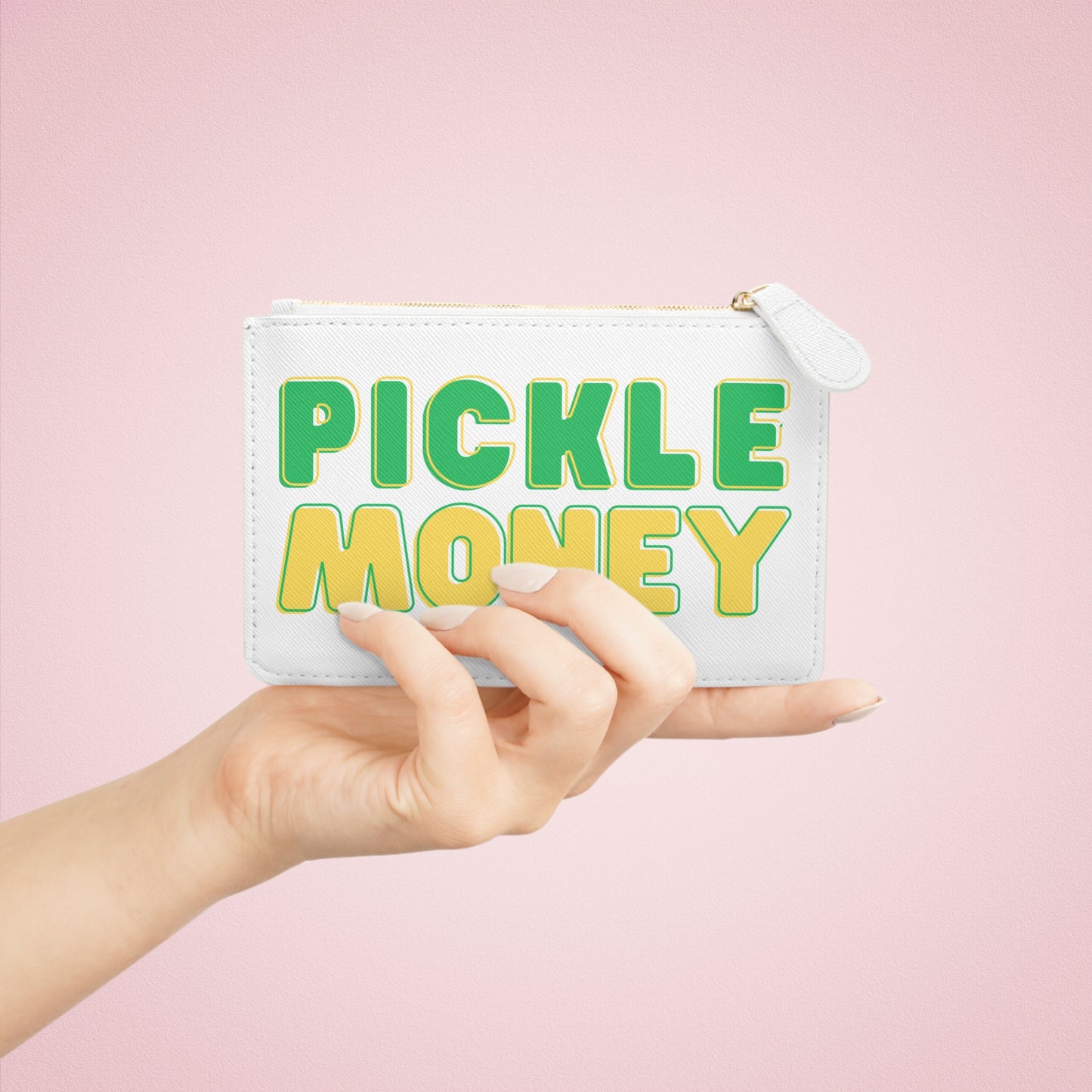 Mini Clutch — "PICKLE MONEY" Retro Green & Yellow Zipper Wallet
