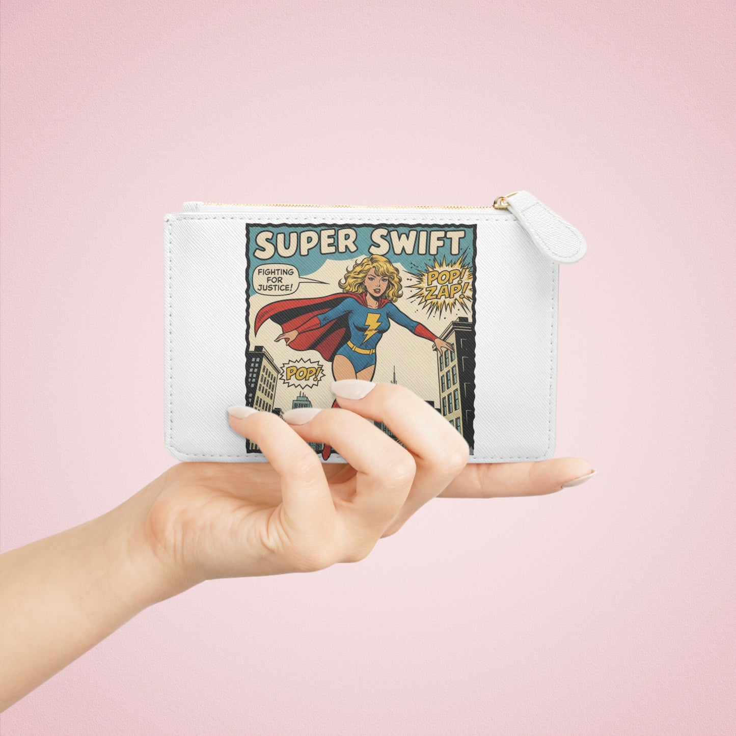 Mini Clutch Bag — Retro Comic "Super Swift" Superhero Zip Pouch