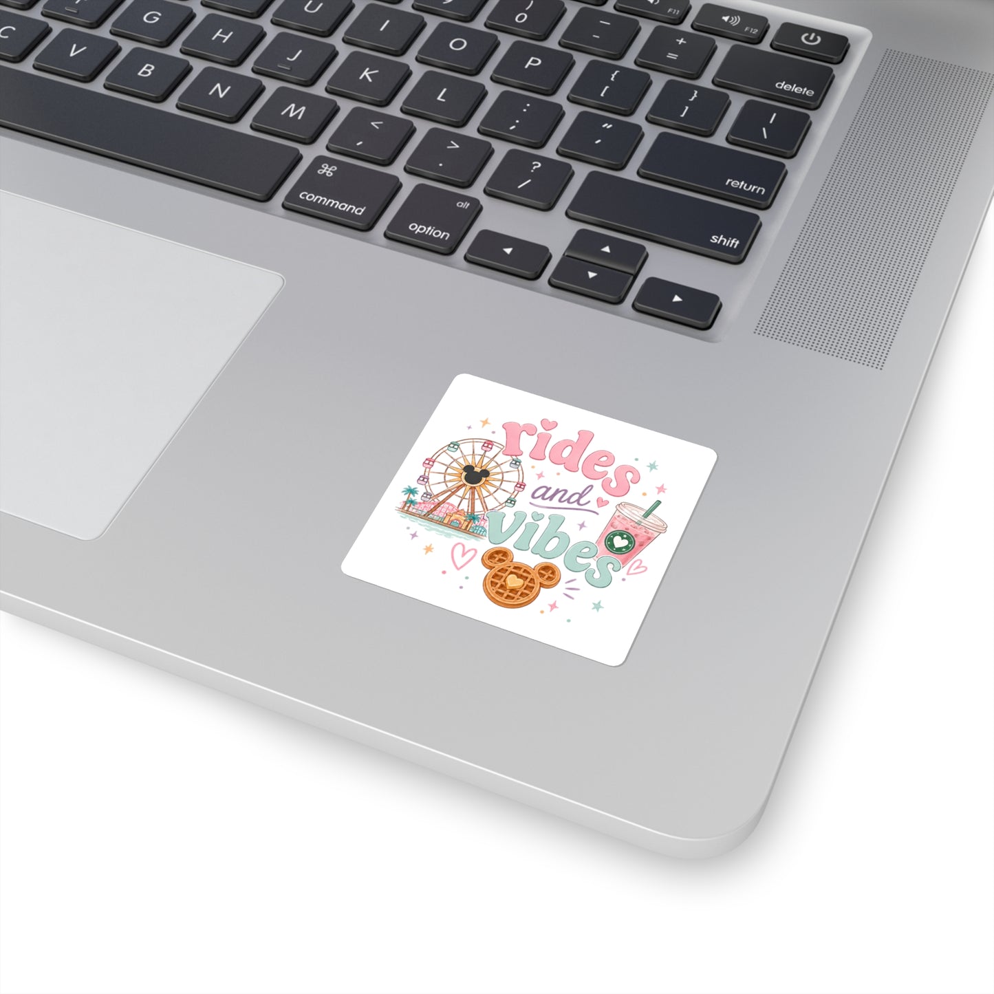 Rides and Vibes Square Sticker — Pastel Theme Park, Waffle & Boba Laptop Decal