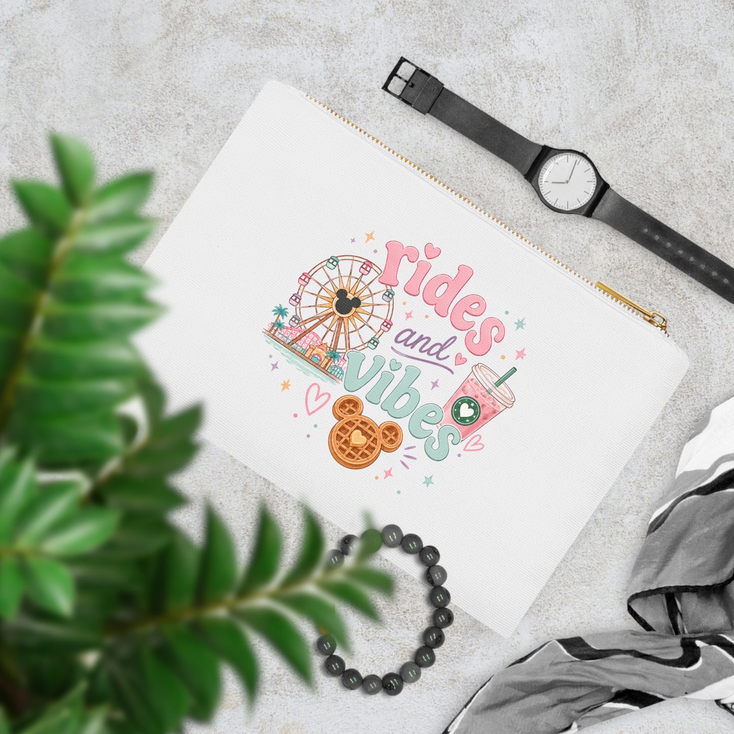 Rides and Vibes Cosmetic Bag — Pastel Theme Park Ferris Wheel & Treats Makeup Pouch