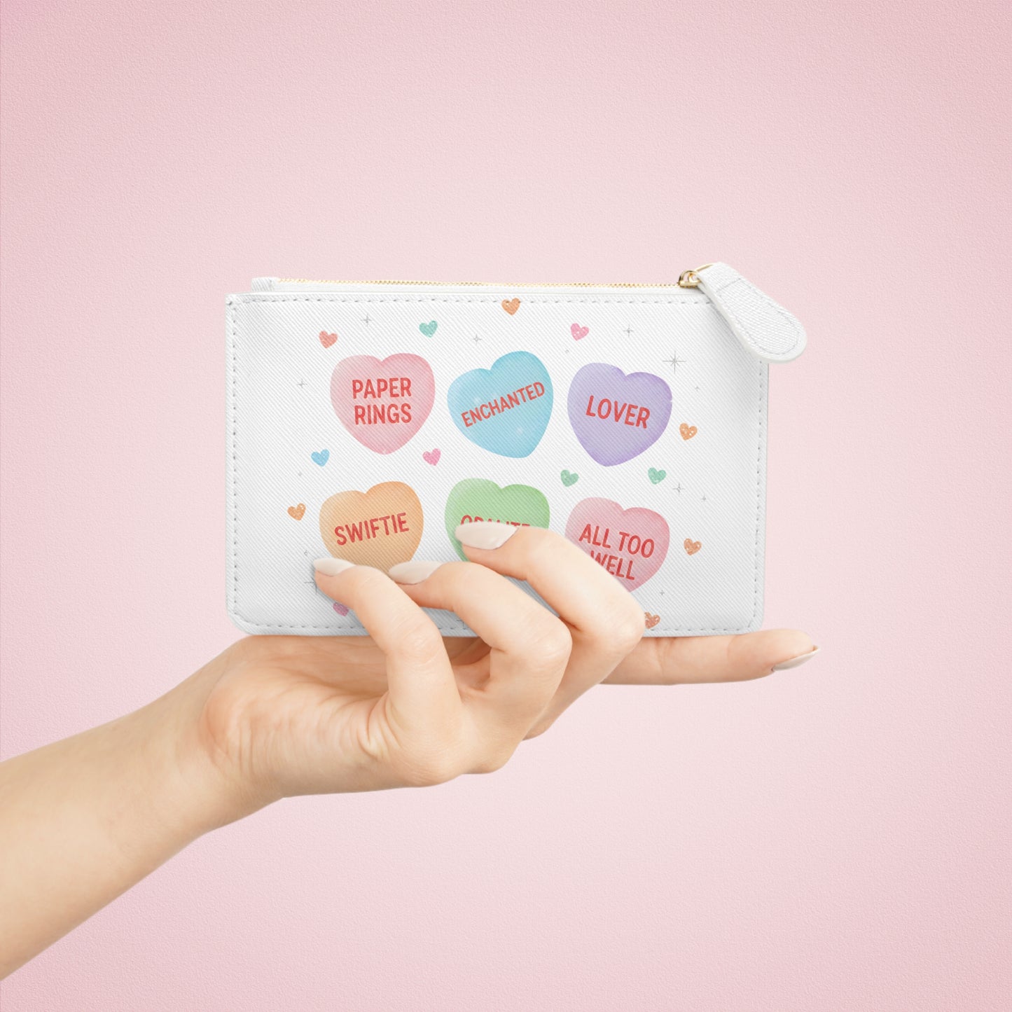 Mini Clutch Bag — Pastel Conversation Hearts Design (Paper Rings, Enchanted, Lover)