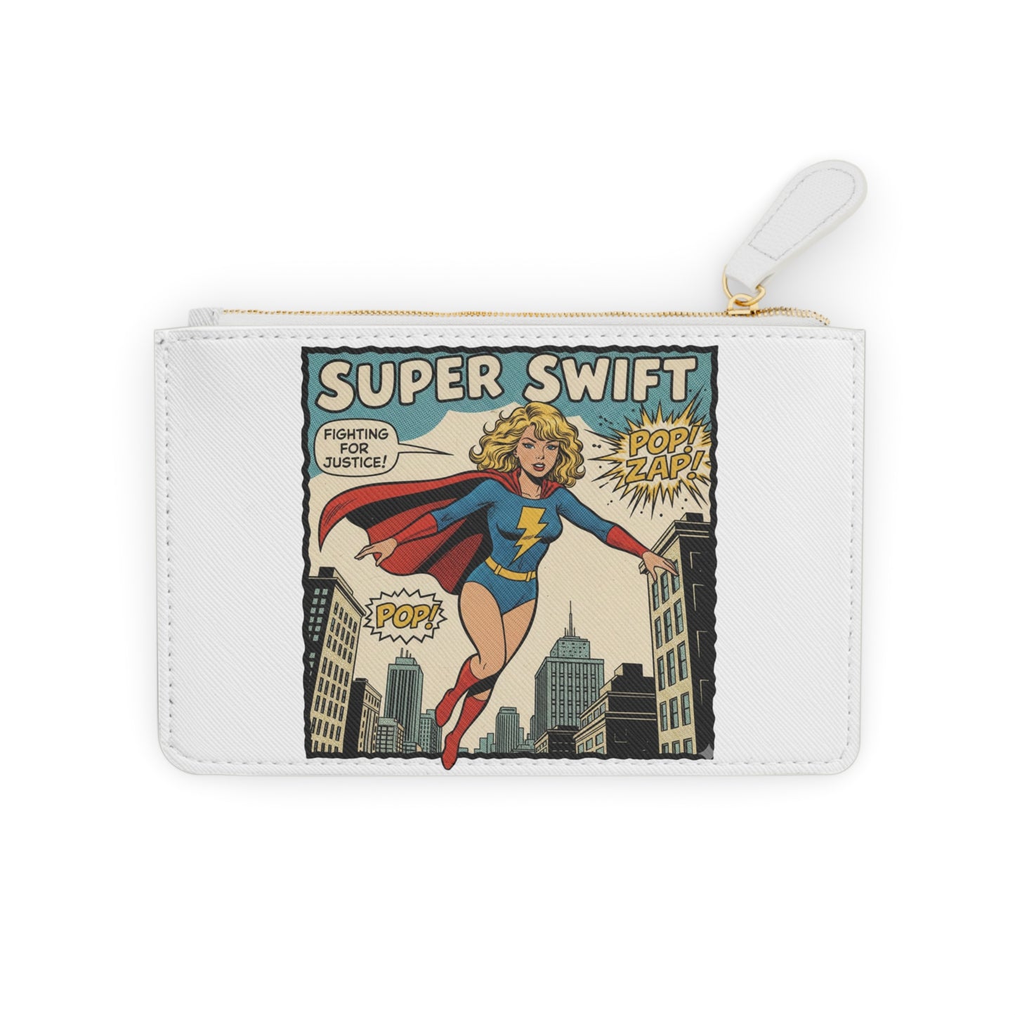 Mini Clutch Bag — Retro Comic "Super Swift" Superhero Zip Pouch