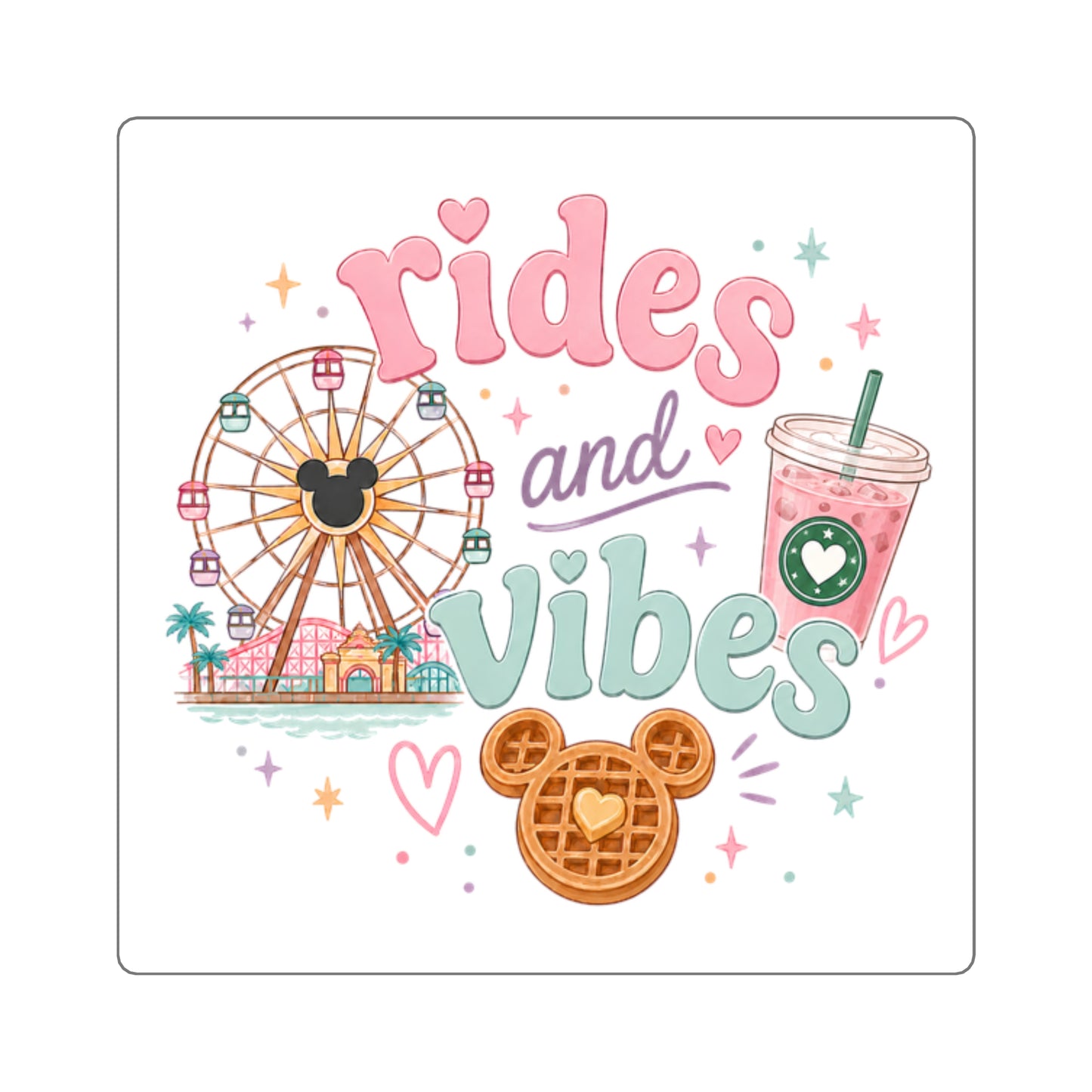 Rides and Vibes Square Sticker — Pastel Theme Park, Waffle & Boba Laptop Decal